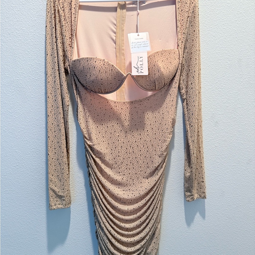 Oh Polly Nude Rhinestone Long Sleeve Dress